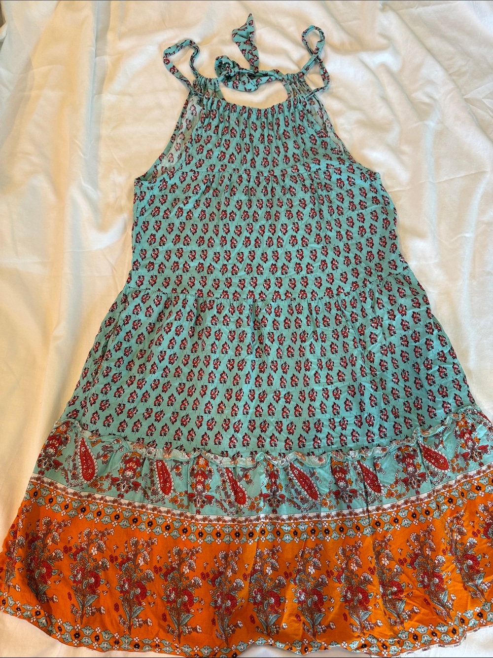 Halter Tie-Neck Boho Dress in Aqua and Orange Floral